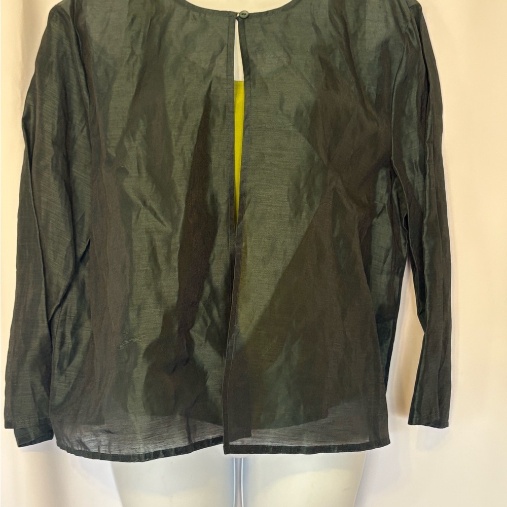 Eileen Fisher Sheer Long-Sleeve Open Cardigan in Olive Green & Linen Pants Set